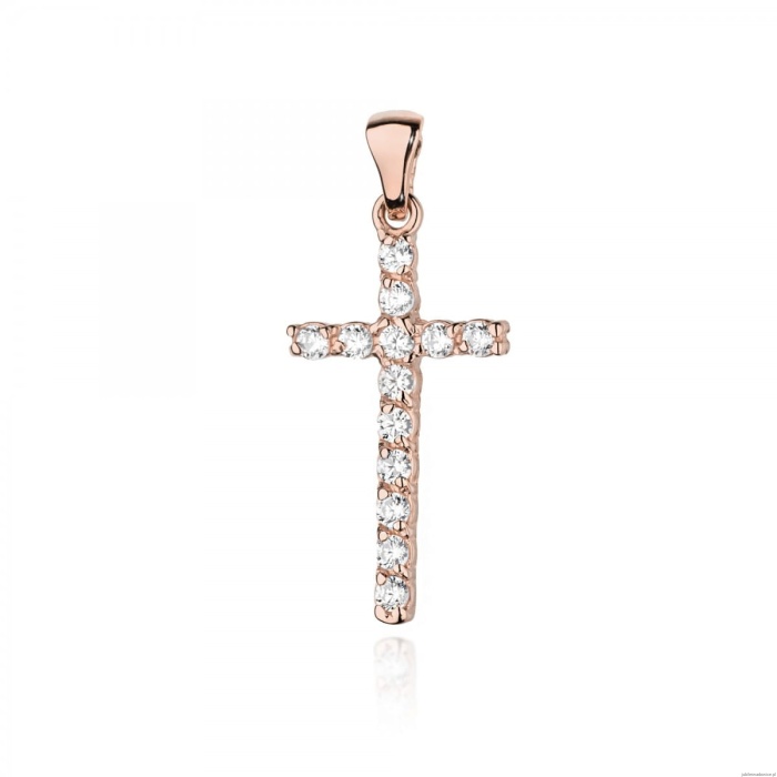 Krzyż K006 z diamentami różowe złoto
