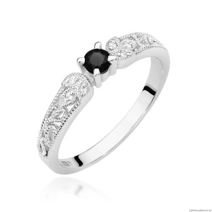 Pierścionek W411 Czarny Diament 0,12ct białe złoto
