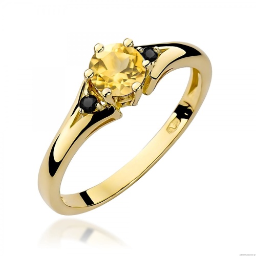 Pierścionek W0076 Cytryn 0,50ct żółte złoto z czarnymi diamentami