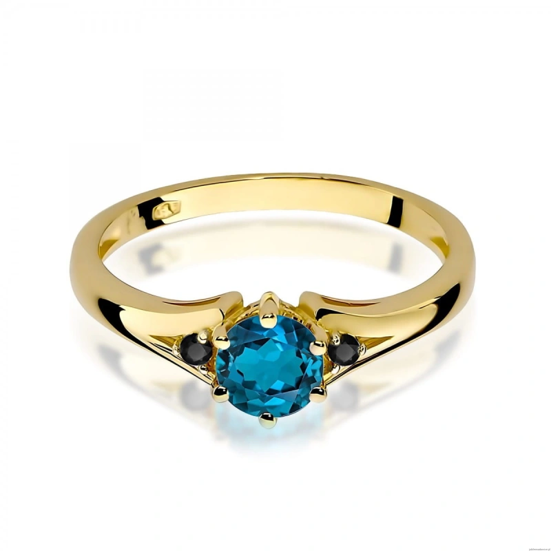Pierścionek W0076 Topaz London Blue 0,50ct żółte złoto z czarnymi diamentami