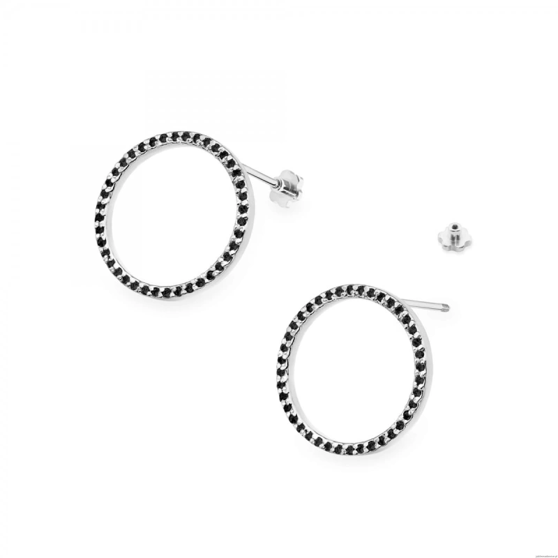 Kolczyki K0442 z czarnymi Diamentami białe złoto sztyft zakręcany