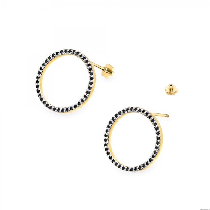 Kolczyki K0442 z czarnymi Diamentami żółte złoto sztyft zakręcany