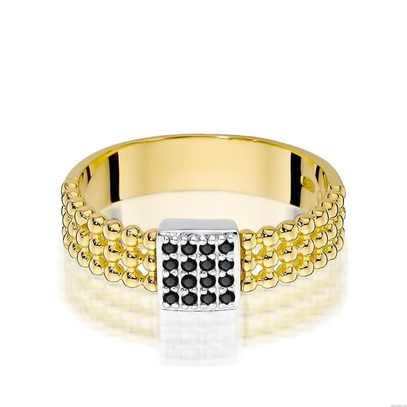 Pierścionek W353 z czarnymi diamentami żółte złoto