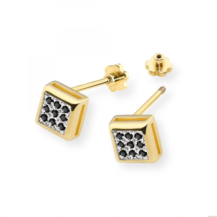 Kolczyki K0036 z czarnymi diamentami żółte złoto sztyft zakręcany