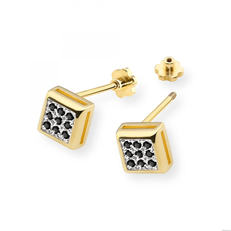 Kolczyki K0036 z czarnymi diamentami żółte złoto sztyft zakręcany