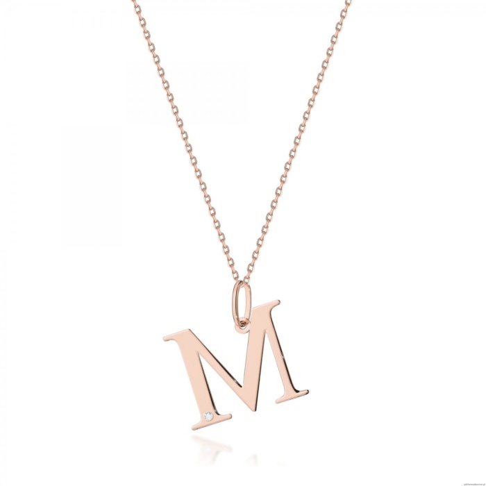 Naszyjnik N0069 z diamentami - litera M -  różowe złoto