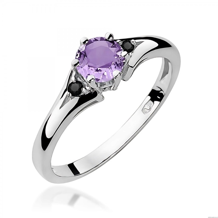 Pierścionek W0076 Ametyst 0,50ct białe złoto 375 z czarnymi diamentami