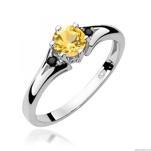 Pierścionek W0076 Cytryn 0,50ct białe złoto 375 z czarnymi diamentami