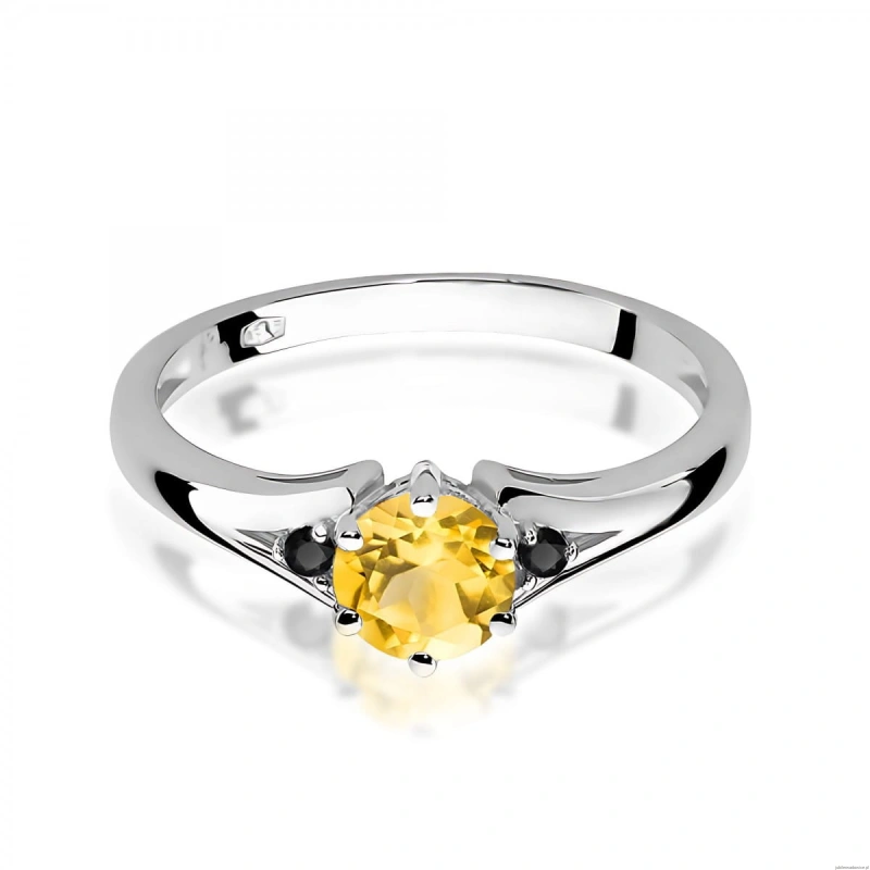 Pierścionek W0076 Cytryn 0,50ct białe złoto 375 z czarnymi diamentami